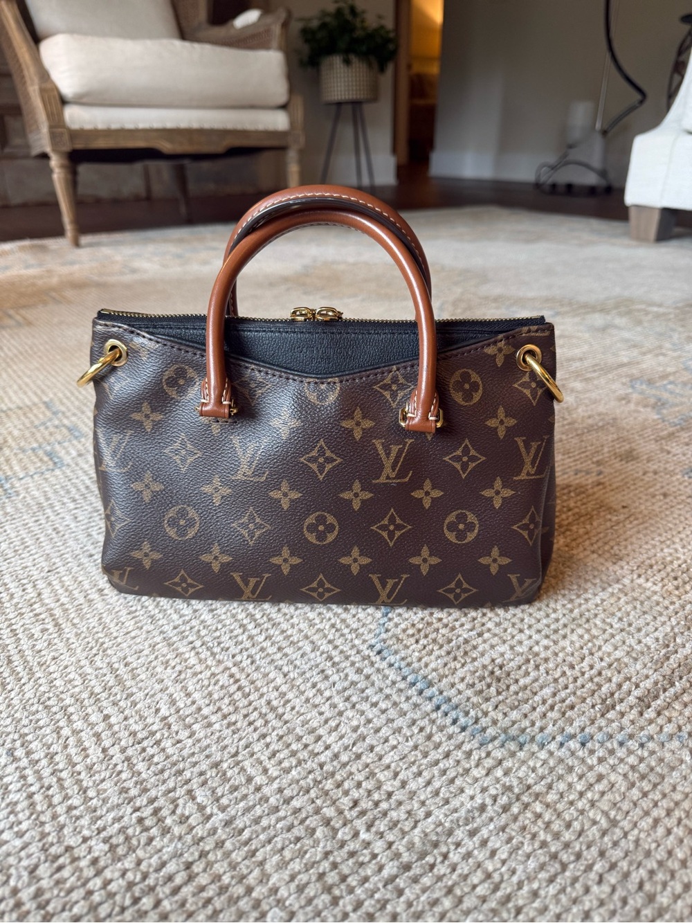 Louis Vuitton Monogram Canvas Clutch Bag with Tan Handles